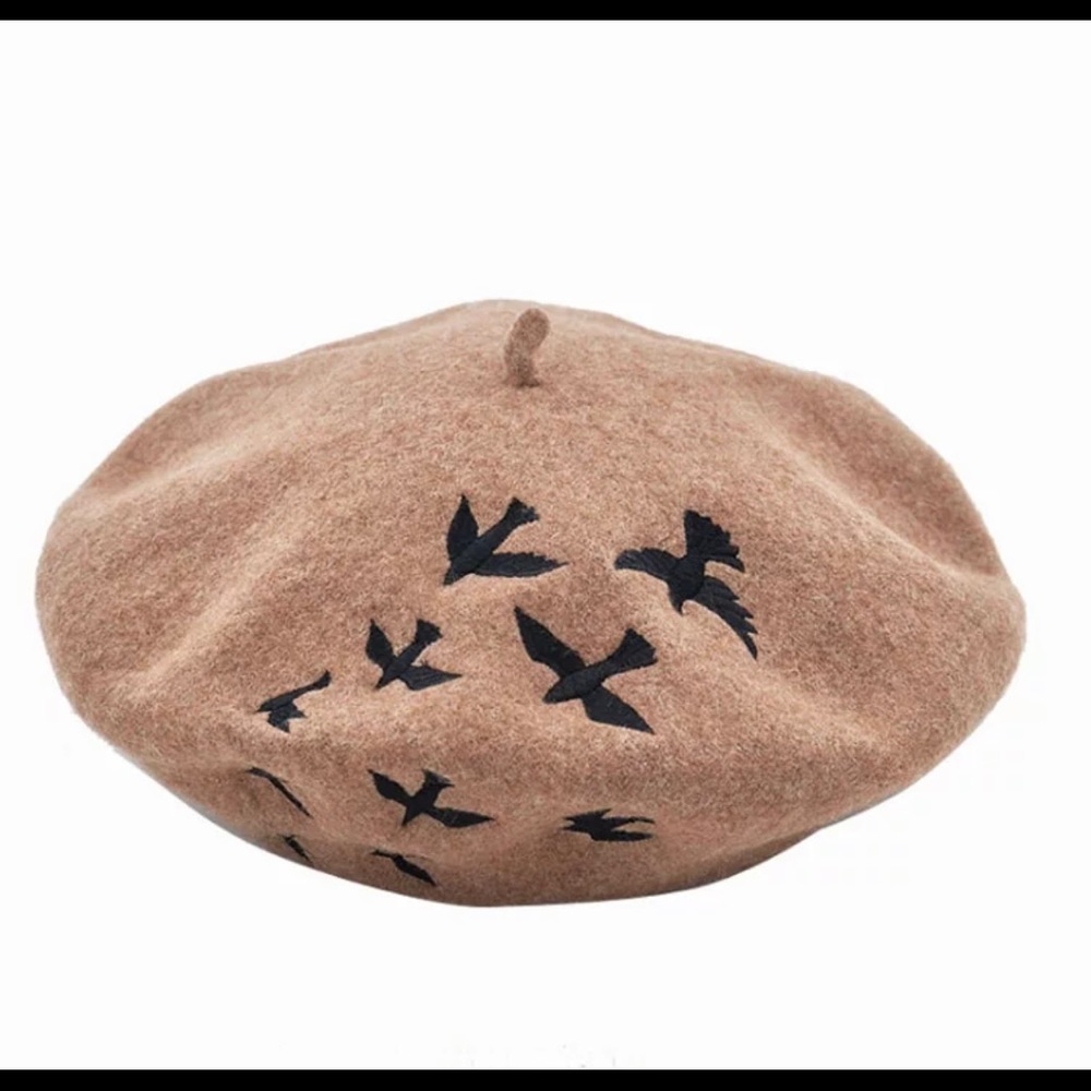 New Tan and black birds woolen embroidered casual painters beret hat
